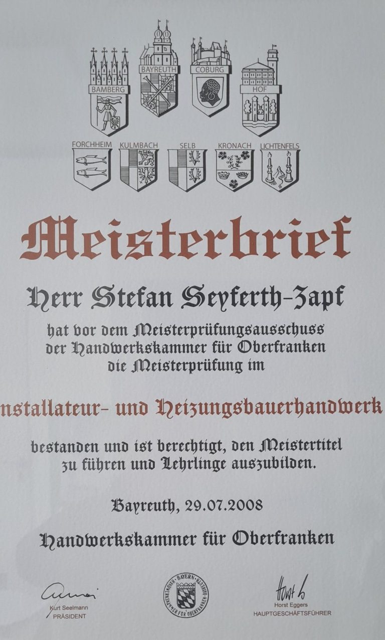 Meisterbrief für Stefan Seyferth-Zapf, ausgestellt am 19.07.2008, mit Wappen.