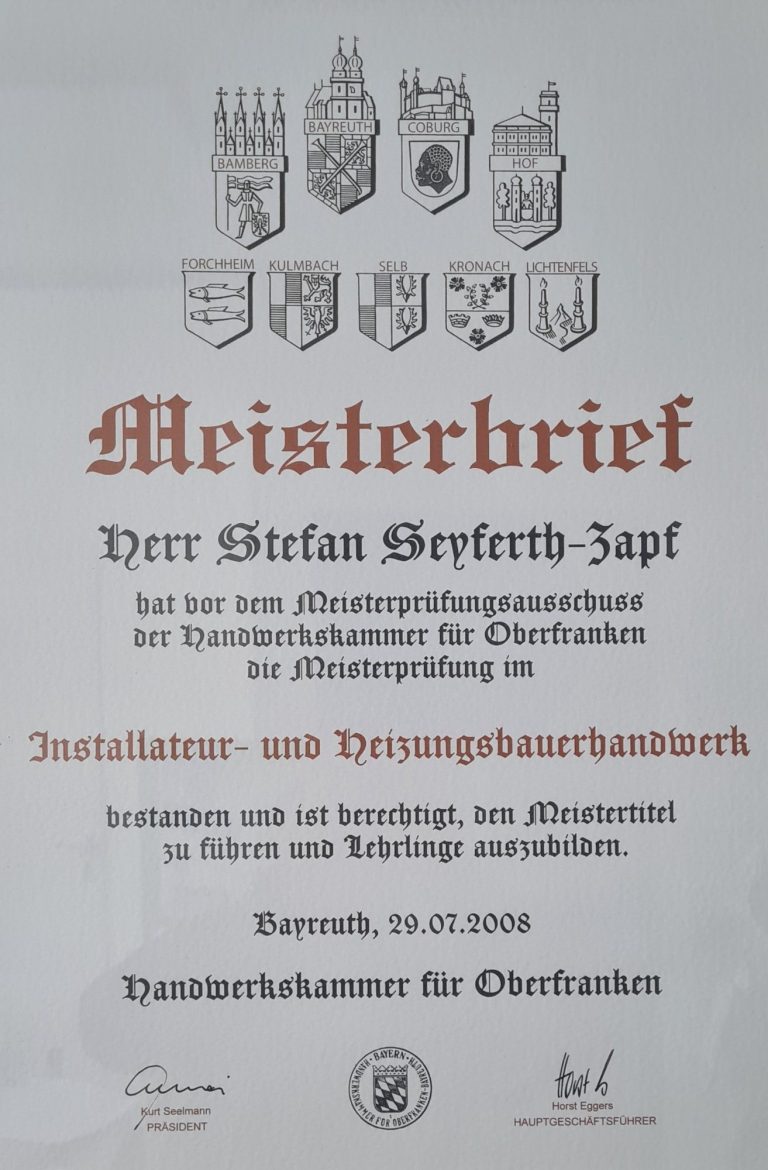 Meisterbrief für Stefan Seyferth-Zapf, ausgestellt am 19.07.2008, mit Wappen.